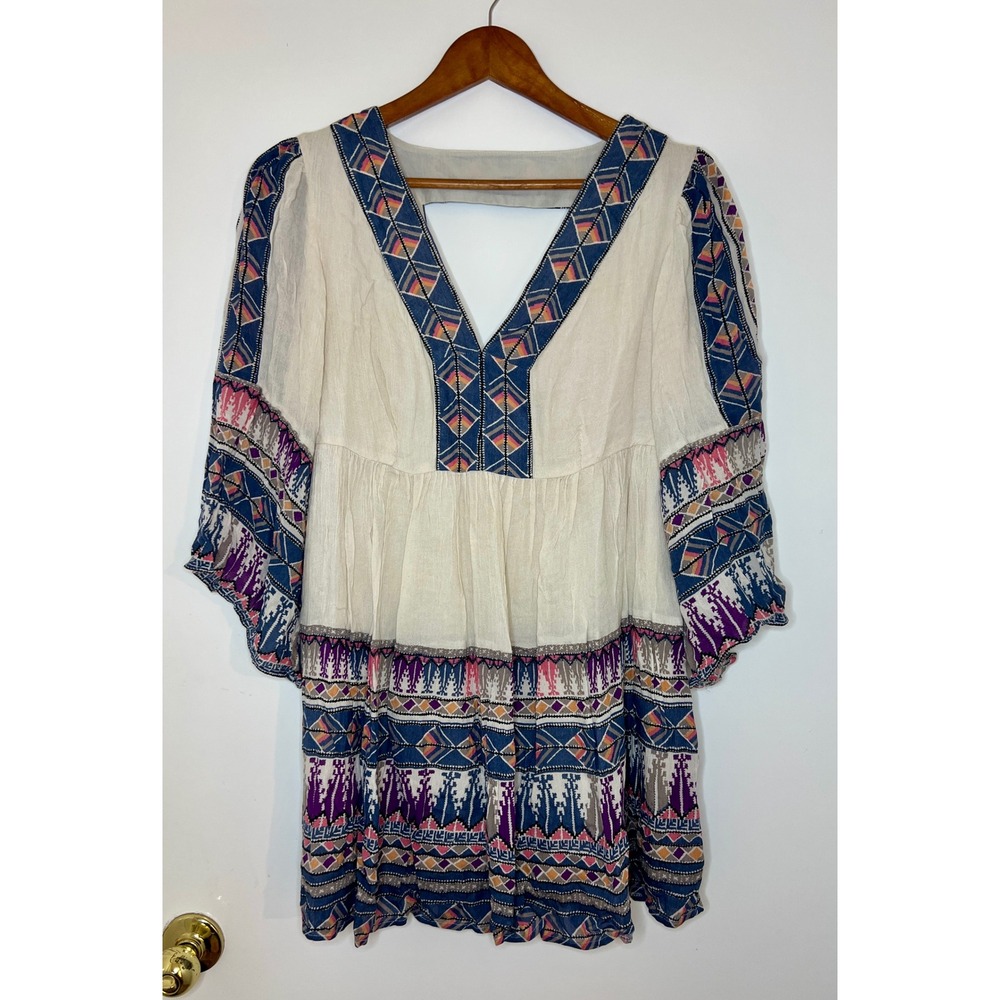 Free People Embroidered Boho Mini Dress Ivory Blue Purple Small S Open Back Bell